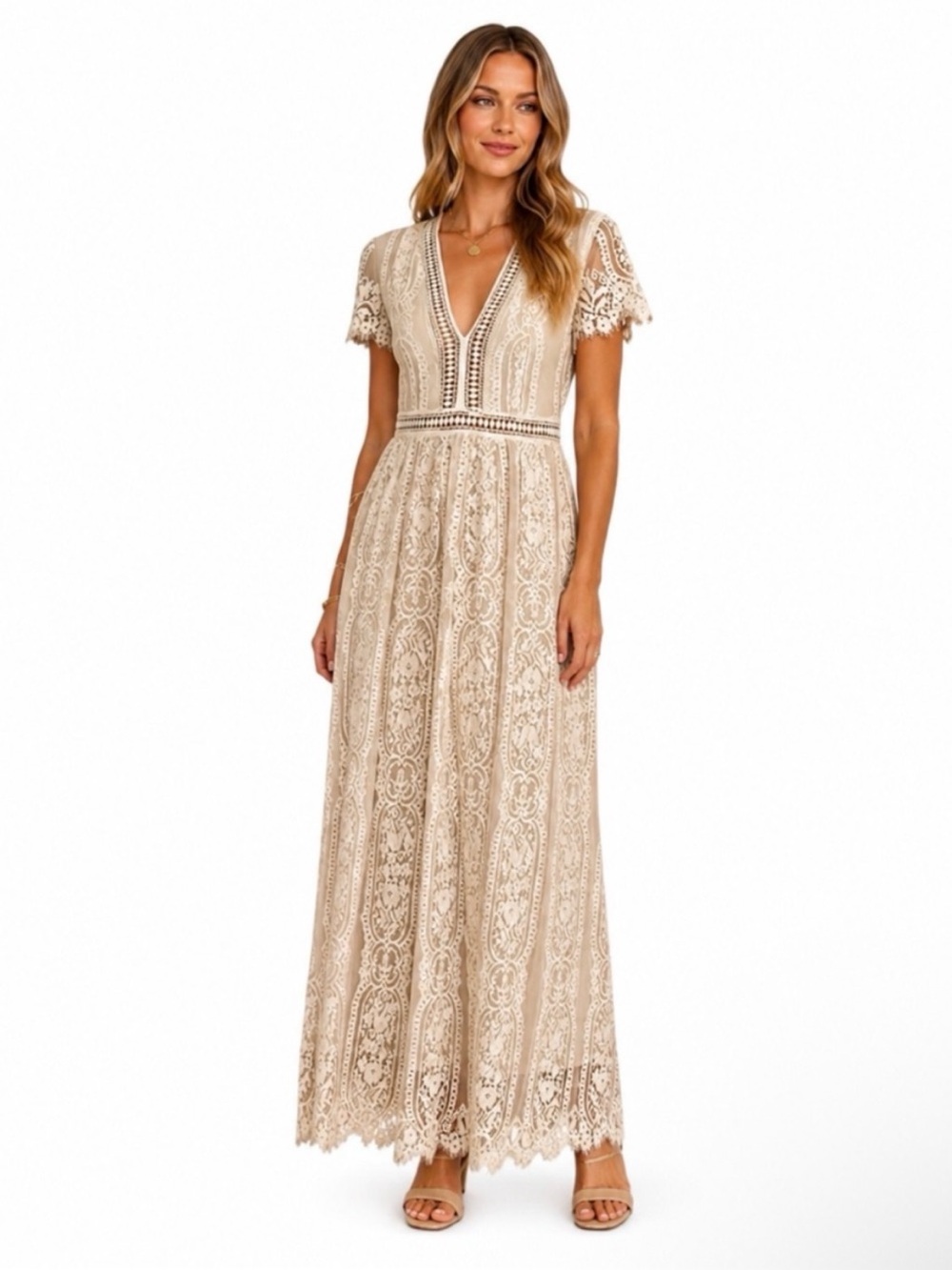 Merokeety Lace Overlay Short-Sleeve Maxi Dress in Cream
